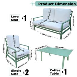 Rackhams 4 Piece Metal Garden Furniture Set, 4 Seater Sofa Set with Coffee table, Loveseat, Single Armchair, Thick Cushion, Steel Frame - Green - Green - thumbnail 5