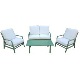 Rackhams 4 Piece Metal Garden Furniture Set, 4 Seater Sofa Set with Coffee table, Loveseat, Single Armchair, Thick Cushion, Steel Frame - Green - Green - thumbnail 3