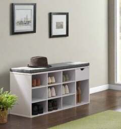 Rackhams Shoe Storage Bench with Cushion, Drawer & Open Compartments for Hallway and Bedroom