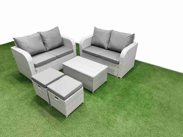 Rackhams 6 Seater Outdoor Love Sofa Set Rattan Garden Furniture Set with Rectangular Coffee Table 2 Small Stools Light Grey - image 1
