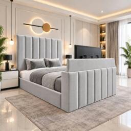 Rackhams Velmora Luxury Upholstered TV Bed with Tall Panel Headboard - Single - Solid Wood - Grey - thumbnail 6