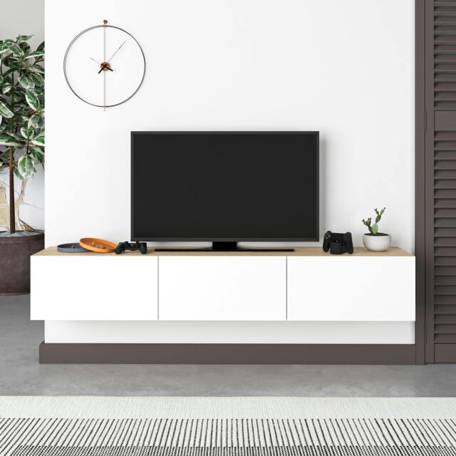 "Rackhams Francy Modern Wall Mounted TV Unit 55"" Multimedia Centre 180cm - Oak White" - image 1