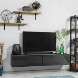 "Rackhams 160cm High Gloss Floating TV Unit Stand for TVs up to 70"", Wall Mounted TV Cabinet with Storage Cupboards, Grey and Black" - thumbnail 2