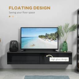 "Rackhams 160cm High Gloss Floating TV Unit Stand for TVs up to 70"", Wall Mounted TV Cabinet with Storage Cupboards, Grey and Black" - thumbnail 4