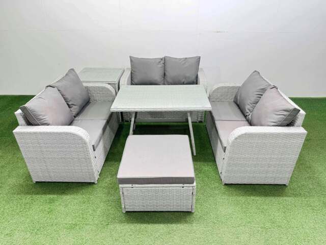 Rackhams Rattan Garden Furniture Dining Set 7 seater Patio Rectangular Table Love Sofa Set with Side Table Big Stool - image 1