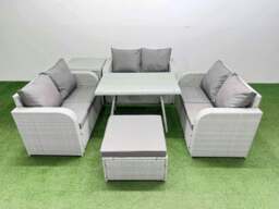 Rackhams Rattan Garden Furniture Dining Set 7 seater Patio Rectangular Table Love Sofa Set with Side Table Big Stool - thumbnail 1