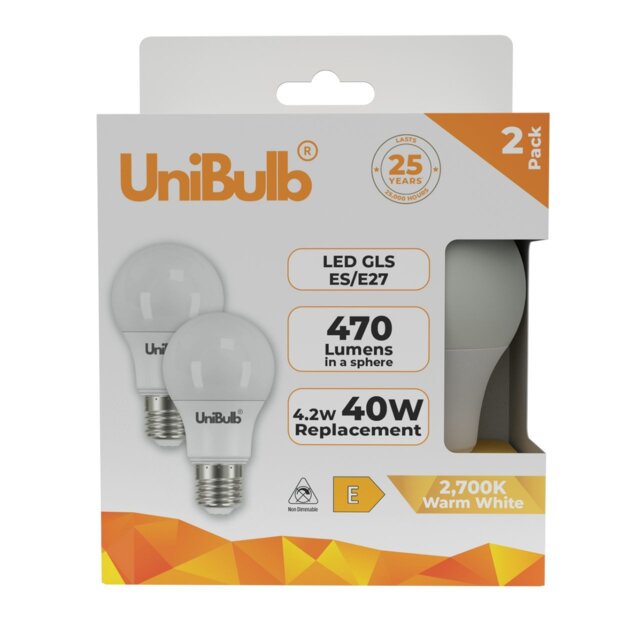 Rackhams UniBulb LED GLS E27 470lm 4.2W 2700K (Warm White) Light Bulb - Pack of 2 - image 1