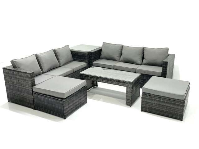 Rackhams Garden Outdoor Rattan Furniture Set with Sofa Coffee table 2 Big Footstools Side Table Dark Grey Mixed - image 1