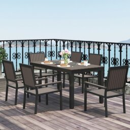 Rackhams 6 Seater Aluminium Garden Dining Set with Stackable Chairs, Brown - Natural wood finish - Aluminium, Wood Plastic Composites - 85W x 160D x 75H cm - thumbnail 2