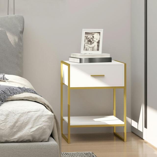 Rackhams Modern Bedside Table Side Table Nightstand w/ Drawer Shelf White Gold - image 1