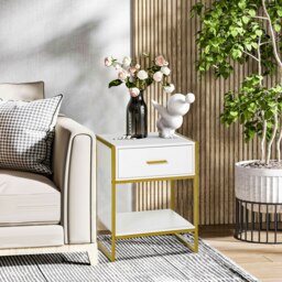 Rackhams Modern Bedside Table Side Table Nightstand w/ Drawer Shelf White Gold - thumbnail 4