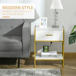 Rackhams Modern Bedside Table Side Table Nightstand w/ Drawer Shelf White Gold - thumbnail 5