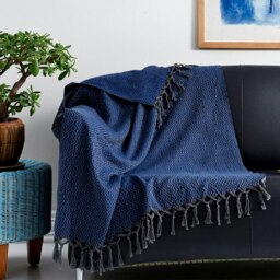 Rackhams Zigzag Cotton Mini Blanket - Shawl - Turquoise on Grey - thumbnail 3