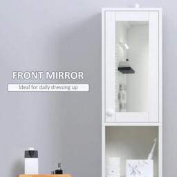Rackhams Tall Bathroom Storage Cabinet with Mirror, Narrow Bathroom Unit, Freestanding Bathroom Cupboard with Adjustable Shelves and 2 Doors, White - thumbnail 4