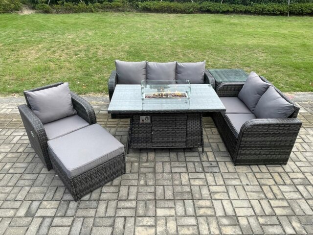 Rackhams Garden Patio Furniture Wicker Rattan Gas Fire Pit Table and Sofa Chair set with Side Table Big Footstool - image 1