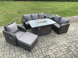 Rackhams Garden Patio Furniture Wicker Rattan Gas Fire Pit Table and Sofa Chair set with Side Table Big Footstool - thumbnail 2