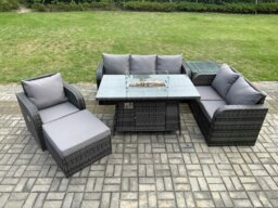 Rackhams Garden Patio Furniture Wicker Rattan Gas Fire Pit Table and Sofa Chair set with Side Table Big Footstool - thumbnail 1