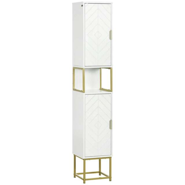 Rackhams Narrow Bathroom Storage Cabinet, Freestanding Tallboy Storage Unit with Adjustable Shelf, 2 Doors and Steel Base, Slim Corner Organizer, White - image 1