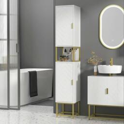 Rackhams Narrow Bathroom Storage Cabinet, Freestanding Tallboy Storage Unit with Adjustable Shelf, 2 Doors and Steel Base, Slim Corner Organizer, White - thumbnail 2