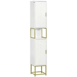 Rackhams Narrow Bathroom Storage Cabinet, Freestanding Tallboy Storage Unit with Adjustable Shelf, 2 Doors and Steel Base, Slim Corner Organizer, White - thumbnail 1