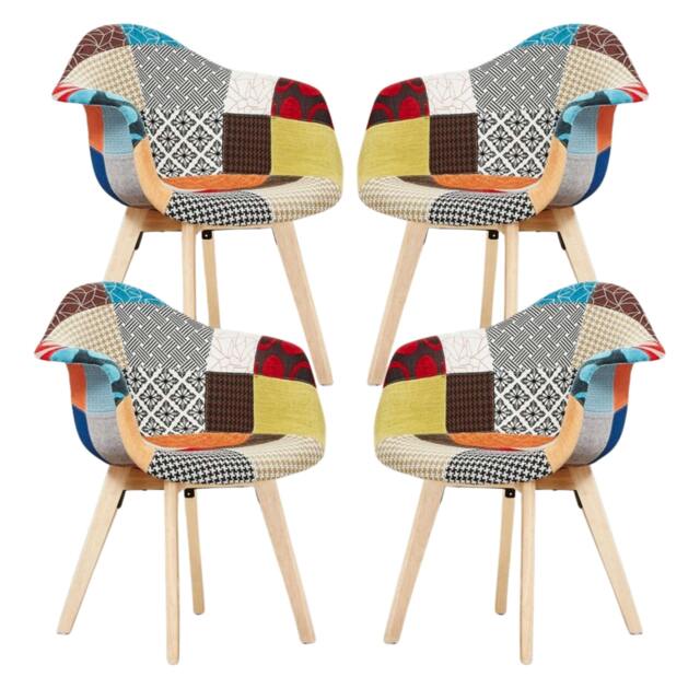 Rackhams Set of 4 Patchwork Multicolor Fabaric Upholstered Accent Chairs with Wooden Legs, Mid-Century Modern Armchair - Fabric - Multicolor - Retro - image 1