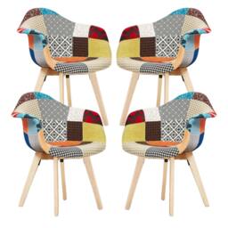 Rackhams Set of 4 Patchwork Multicolor Fabaric Upholstered Accent Chairs with Wooden Legs, Mid-Century Modern Armchair - Fabric - Multicolor - Retro - thumbnail 1