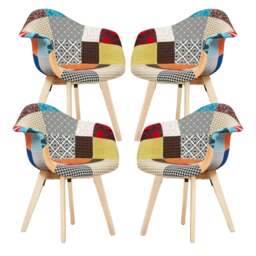 Rackhams Set of 4 Patchwork Multicolor Fabaric Upholstered Accent Chairs with Wooden Legs, Mid-Century Modern Armchair - Fabric - Multicolor - Retro - thumbnail 2