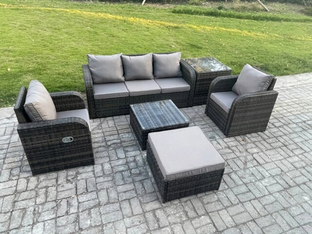 Rackhams 6-Seater Dark Grey Rattan Outdoor Sofa Set - Reclining Chair, 3-Seater Sofa, Footstool, Side Table - image 1