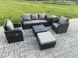 Rackhams 6-Seater Dark Grey Rattan Outdoor Sofa Set - Reclining Chair, 3-Seater Sofa, Footstool, Side Table - thumbnail 1