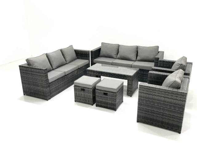 Rackhams Rattan Garden Furniture Sofa Set with Coffee table Armchair 2 Small Footstools Dark Grey Mixed - image 1