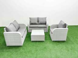 Rackhams High Back Poly Rattan Garden Furniture Set with Reclining Chair Loveseat Sofa Square Coffee Table Indoor Outdoor Patio  Set Light Grey - thumbnail 1