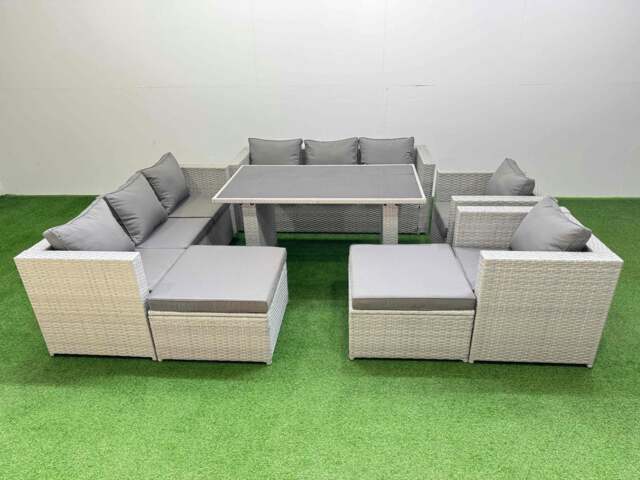 Rackhams 10 Seater Wicker PE Rattan Furniture Outdoor Dining Table 3 Seater Sofa Armchair Set with 2 Big Stools Light Grey - image 1