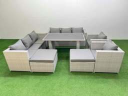 Rackhams 10 Seater Wicker PE Rattan Furniture Outdoor Dining Table 3 Seater Sofa Armchair Set with 2 Big Stools Light Grey - thumbnail 1