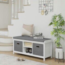 Rackhams Shoe Bench with Cushioned Seat Fabric Drawers for Entryway Hallway White - thumbnail 1