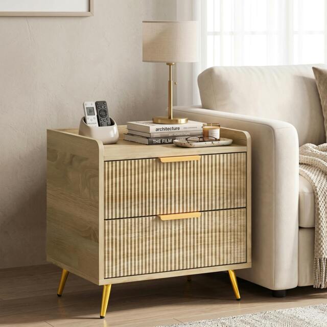 Rackhams Bedside Table with 2 Drawers, Natural Wood Finish - image 1