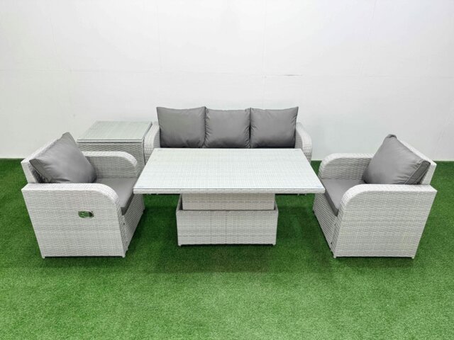 Rackhams PE Rattan Garden Furniture Set Reclining Chair Sofa Lounge Sofa Set Adjustable Lifting Dining or Coffee Table Side Table Light Grey - image 1