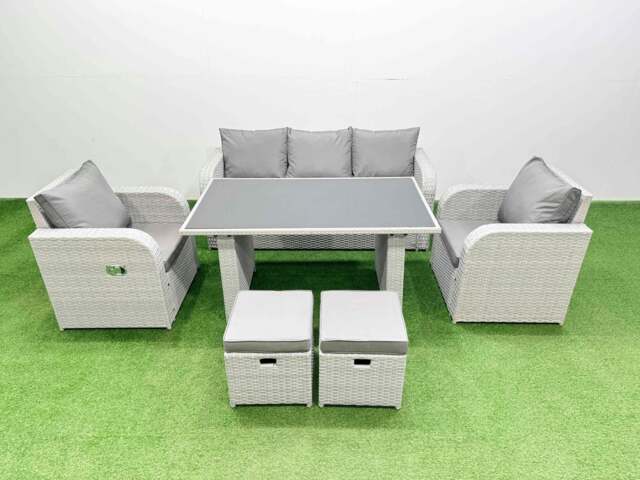 Rackhams Outdoor Rattan Garden Furniture Dining Set 7 seater Patio Rectangular Table 3 Seater Sofa Reclining Chair Set with 2 Small Stools - image 1