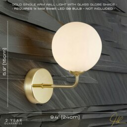 Rackhams Contemporary Chic Polished Gold Wall Light with Opal White Globe Glass Shade - thumbnail 6