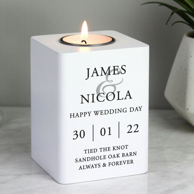 Rackhams Personalised Couples White Wooden Tea light Holder - image 1