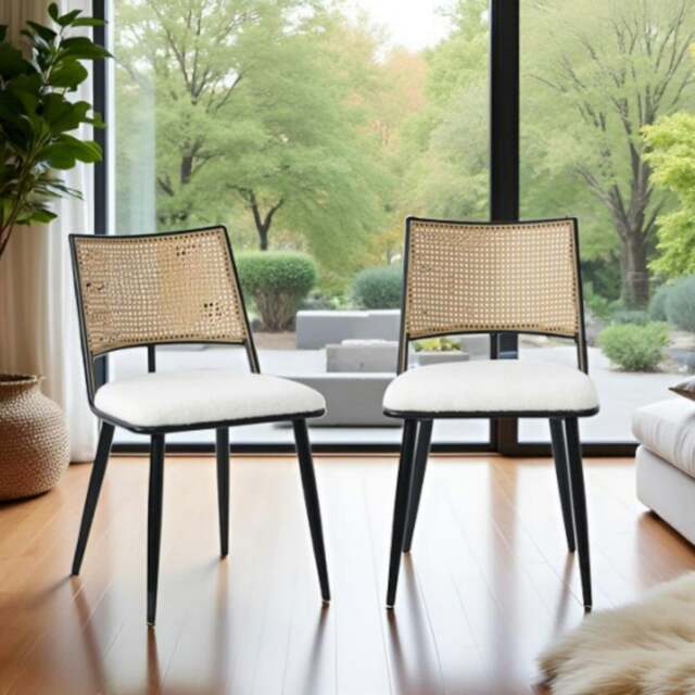 Rackhams Dining Chairs Set of 2, Mid-Century Kitchen Chair-Rattan Backrest and Metal Frame, Upholstered Dining Chair with Living Room, Bedroom - White