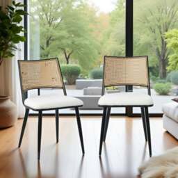 Rackhams Dining Chairs Set of 2, Mid-Century Kitchen Chair-Rattan Backrest and Metal Frame, Upholstered Dining Chair with Living Room, Bedroom - White - thumbnail 1
