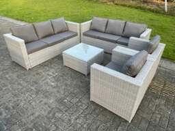 Rackhams 8 Seater Light Grey Outdoor PE Rattan Garden Furniture Set Wicker Sofa Set Square Coffee Table 2 Armchair - thumbnail 2