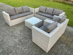 Rackhams 8 Seater Light Grey Outdoor PE Rattan Garden Furniture Set Wicker Sofa Set Square Coffee Table 2 Armchair - thumbnail 1