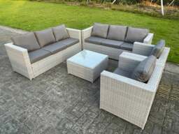 Rackhams 8 Seater Light Grey Outdoor PE Rattan Garden Furniture Set Wicker Sofa Set Square Coffee Table 2 Armchair - thumbnail 3