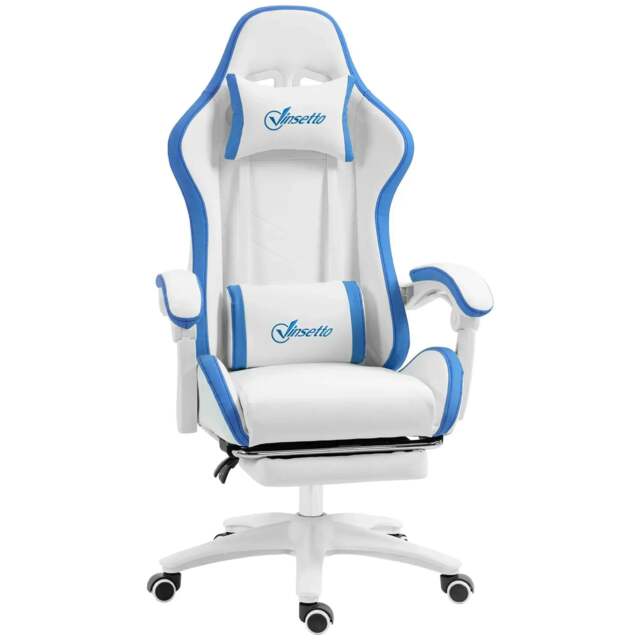 Rackhams Computer Gaming Chair, PU Leather Office Desk Chair with Footrest, Swivel Wheels, 135° Reclining Back, Lumbar Support, White and Blue - image 1