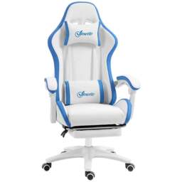 Rackhams Computer Gaming Chair, PU Leather Office Desk Chair with Footrest, Swivel Wheels, 135° Reclining Back, Lumbar Support, White and Blue - thumbnail 1