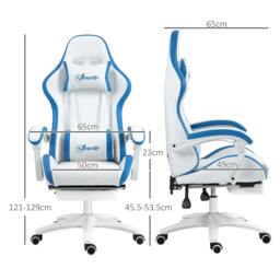 Rackhams Computer Gaming Chair, PU Leather Office Desk Chair with Footrest, Swivel Wheels, 135° Reclining Back, Lumbar Support, White and Blue - thumbnail 3