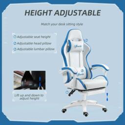 Rackhams Computer Gaming Chair, PU Leather Office Desk Chair with Footrest, Swivel Wheels, 135° Reclining Back, Lumbar Support, White and Blue - thumbnail 4