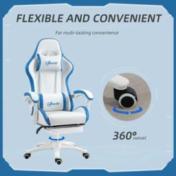 Rackhams Computer Gaming Chair, PU Leather Office Desk Chair with Footrest, Swivel Wheels, 135° Reclining Back, Lumbar Support, White and Blue - thumbnail 6