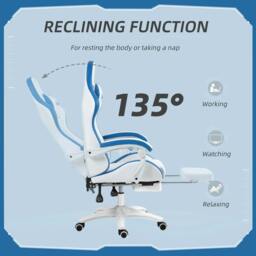 Rackhams Computer Gaming Chair, PU Leather Office Desk Chair with Footrest, Swivel Wheels, 135° Reclining Back, Lumbar Support, White and Blue - thumbnail 5